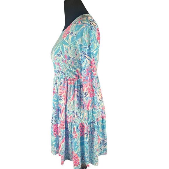 Lilly Pulitzer Geanna swing tiered small dress funky bright blue pink print - Picture 2 of 5